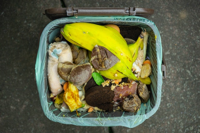 Discarded food, organic waste, banana peels and baked good lie atop an open garbage bin